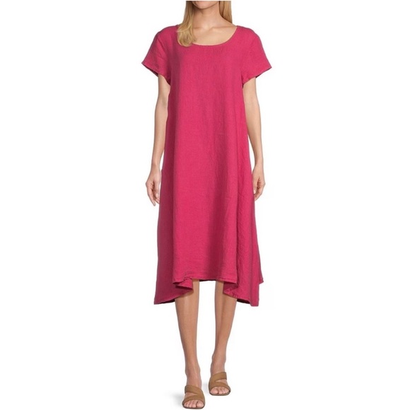 Bryn Walker Winslow pink 100% linen scoop neck cap sleeve midi dress minimalist - Picture 1 of 12